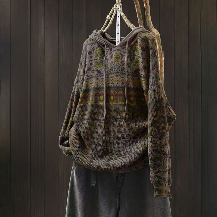 Felpa con cappuccio a maniche lunghe da donna in cotone con stampa Buddha Stones Fall Striped Geometric Flowers. - Cachi scuro - US4, UK/AU8, EU36-38 (F) - image 12