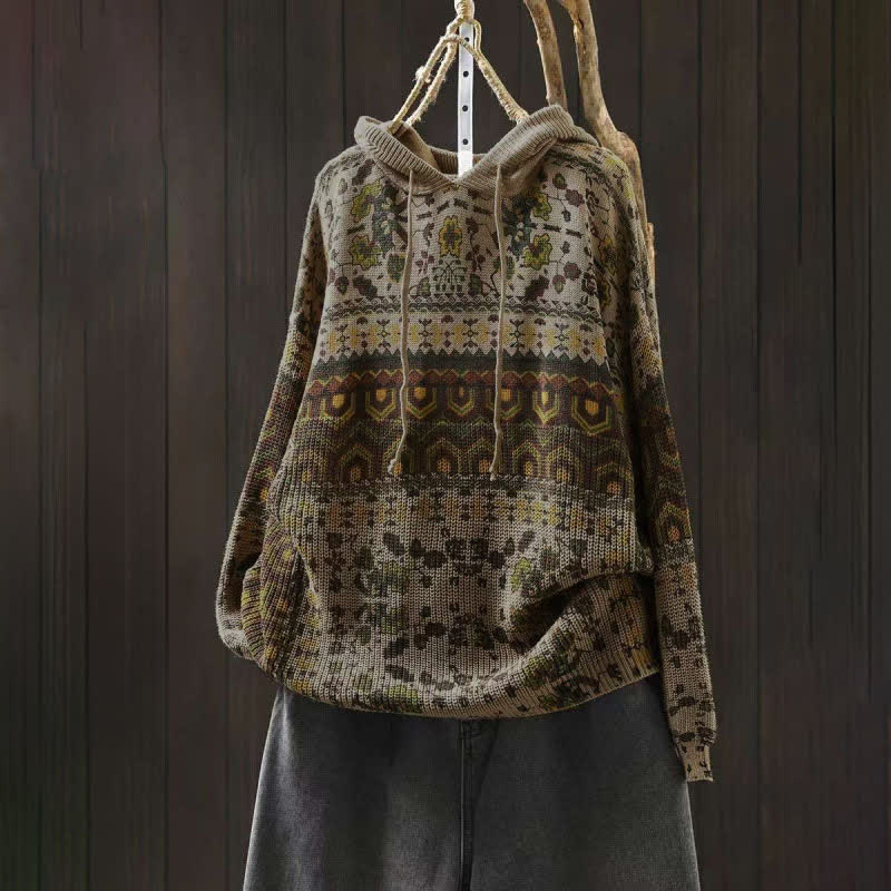 Felpa con cappuccio a maniche lunghe da donna in cotone con stampa Buddha Stones Fall Striped Geometric Flowers. - Beige - US4, UK/AU8, EU36-38 (F) - image 0