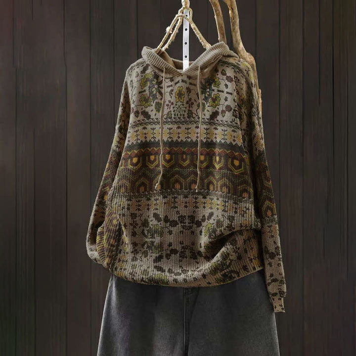 Felpa con cappuccio a maniche lunghe da donna in cotone con stampa Buddha Stones Fall Striped Geometric Flowers. - Beige - US4, UK/AU8, EU36-38 (F) - image 0