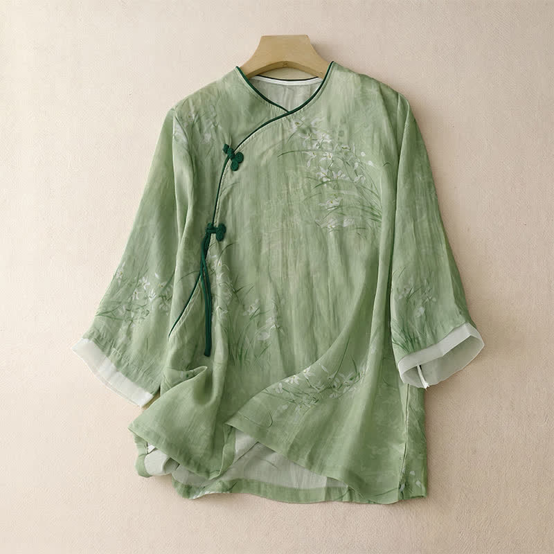 Buddha Stones Camicie da donna a maniche lunghe, stile vintage Tang, con bottoni a rana e stampa floreale, per primavera/estate. - Verde chiaro - US8-10, UK/AU12-14, EU40-42 (2XL) - image 10