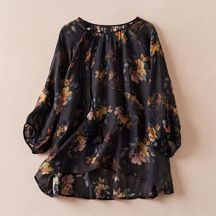 Buddha Stones Camicie da donna a maniche lunghe con coulisse, stile boho, primavera/estate, con stampa floreale. - Nero - US12, UK/AU16, EU44 (2XL) - image 5