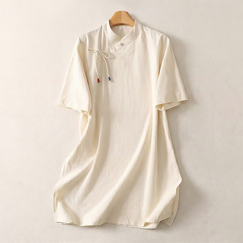 Buddha Stones Abito estivo casual da donna a maniche corte con colletto alla coreana e colletto Tang. - Biancheria - US14, UK/AU18, EU46 (2XL) - image 0
