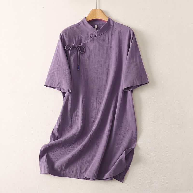 Buddha Stones Abito estivo casual da donna a maniche corte con colletto alla coreana e colletto Tang. - Viola medio - US14, UK/AU18, EU46 (2XL) - image 3