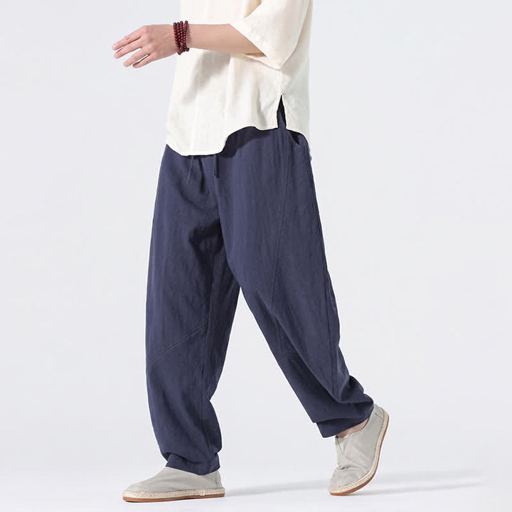 Buddha Stones Pantaloni lunghi da uomo in lino tinta unita, casual, minimalisti, con coulisse, a gamba dritta e tasche, per primavera/estate. - image 12