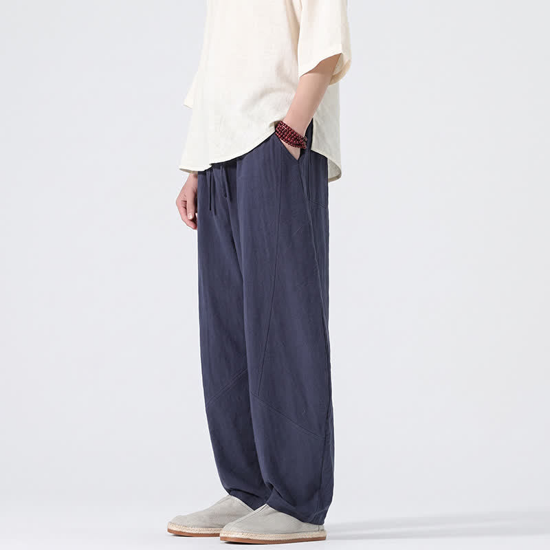 Buddha Stones Pantaloni lunghi da uomo in lino tinta unita, casual, minimalisti, con coulisse, a gamba dritta e tasche, per primavera/estate. - image 13