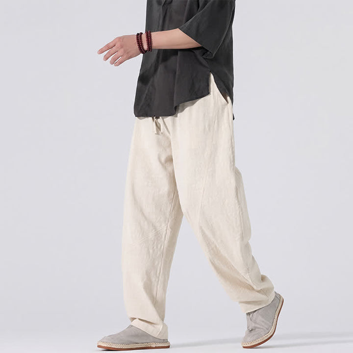 Buddha Stones Pantaloni lunghi da uomo in lino tinta unita, casual, minimalisti, con coulisse, a gamba dritta e tasche, per primavera/estate. - image 28
