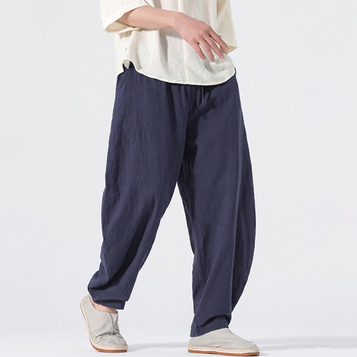 Buddha Stones Pantaloni lunghi da uomo in lino tinta unita, casual, minimalisti, con coulisse, a gamba dritta e tasche, per primavera/estate. - image 15