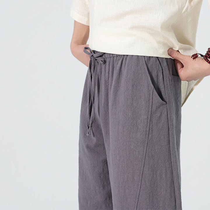 Buddha Stones Pantaloni lunghi da uomo in lino tinta unita, casual, minimalisti, con coulisse, a gamba dritta e tasche, per primavera/estate. - image 6