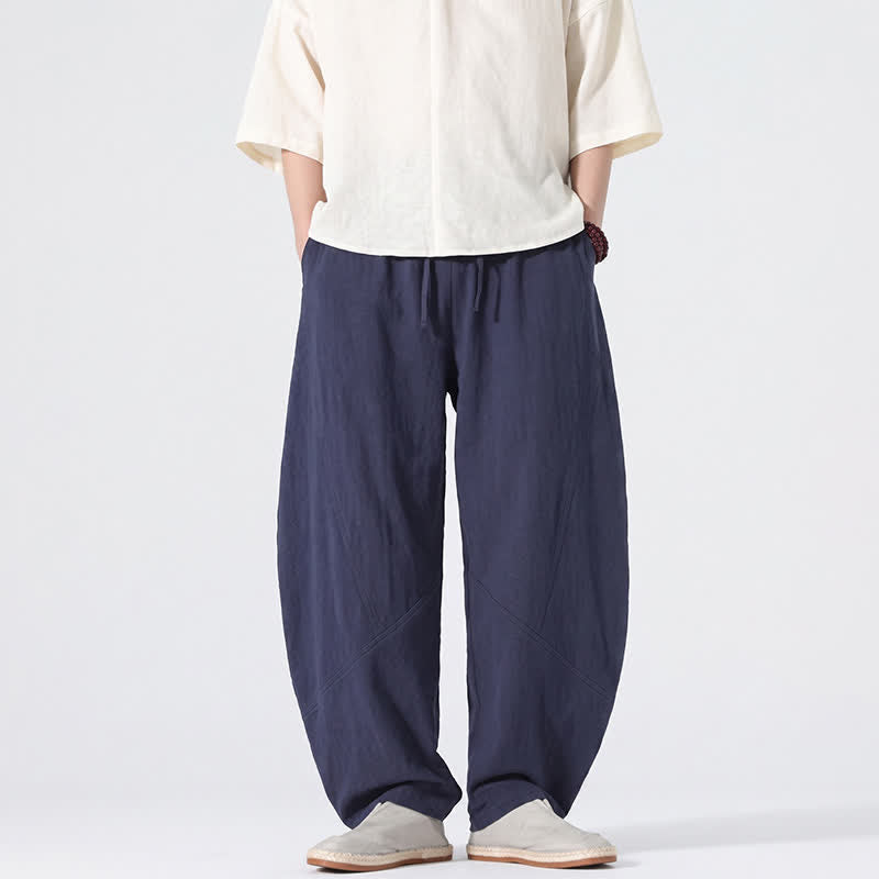 Buddha Stones Pantaloni lunghi da uomo in lino tinta unita, casual, minimalisti, con coulisse, a gamba dritta e tasche, per primavera/estate. - Blu notte - US/UK/AU46, EU56 (5XL) - image 9