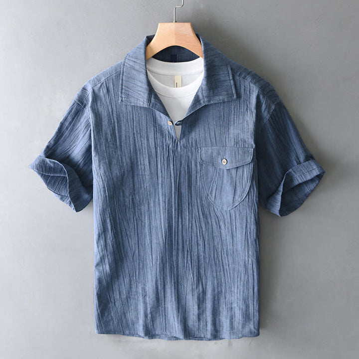 Buddha Stones Camicia da uomo estiva casual a maniche corte, tinta unita, lavata, con taschino. - SteelBlue - US/UK/AU44, EU54 (4XL) - image 0