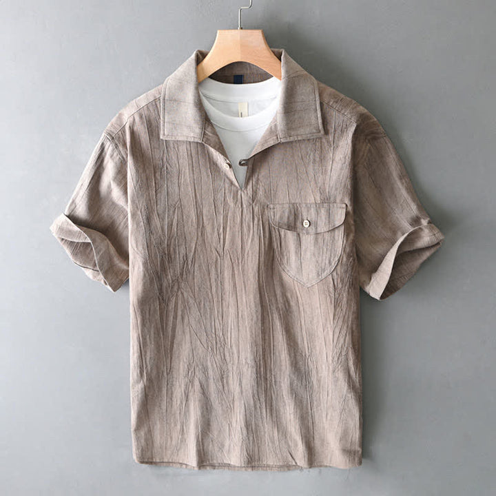 Buddha Stones Camicia da uomo estiva casual a maniche corte, tinta unita, lavata, con taschino. - Tan - US/UK/AU44, EU54 (4XL) - image 9