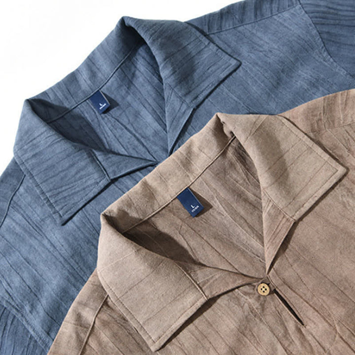 Buddha Stones Camicia da uomo estiva casual a maniche corte, tinta unita, lavata, con taschino. - image 11