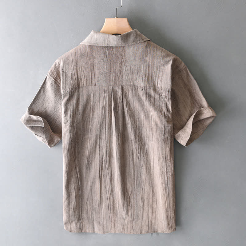 Buddha Stones Camicia da uomo estiva casual a maniche corte, tinta unita, lavata, con taschino. - image 10