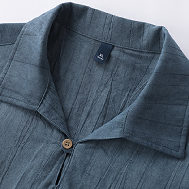Buddha Stones Camicia da uomo estiva casual a maniche corte, tinta unita, lavata, con taschino. - image 1