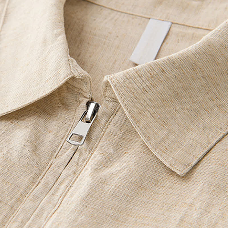 Buddha Stones Camicia da uomo estiva casual minimalista a maniche corte con cerniera a un quarto, tinta unita. - image 1