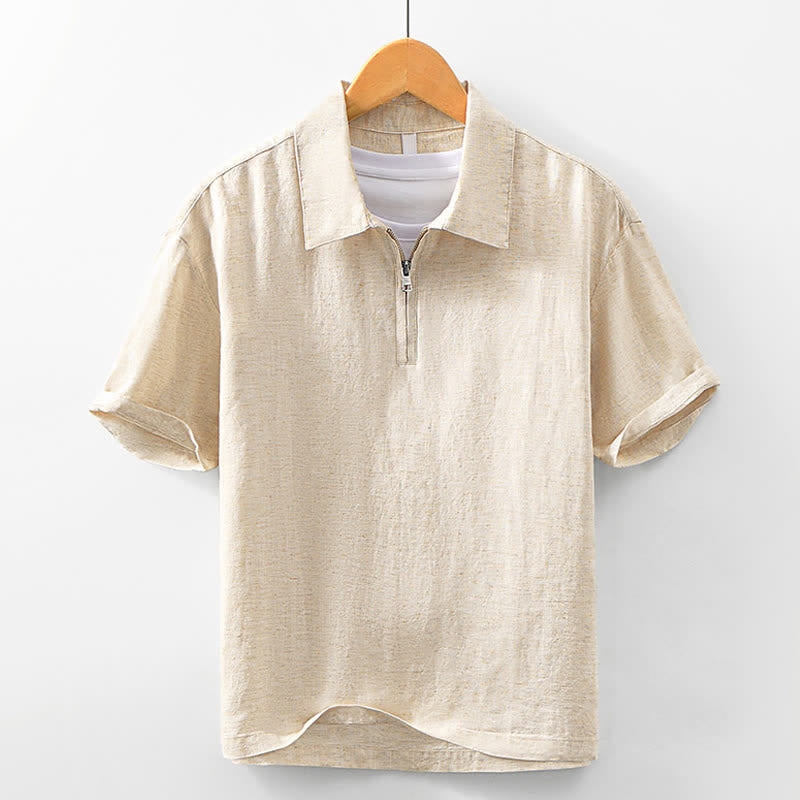 Buddha Stones Camicia da uomo estiva casual minimalista a maniche corte con cerniera a un quarto, tinta unita. - Grano - US/UK/AU42, EU52 (3XL) - image 0