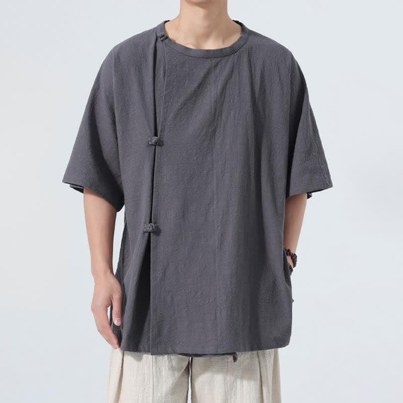 Buddha Stones Camicia da uomo a maniche corte in cotone tinta unita, stile Summer Tang, minimalista, con bottoni a rana, ideale per l'estate. - Grigio tenue - US/UK/AU46, EU56 (5XL) - image 0