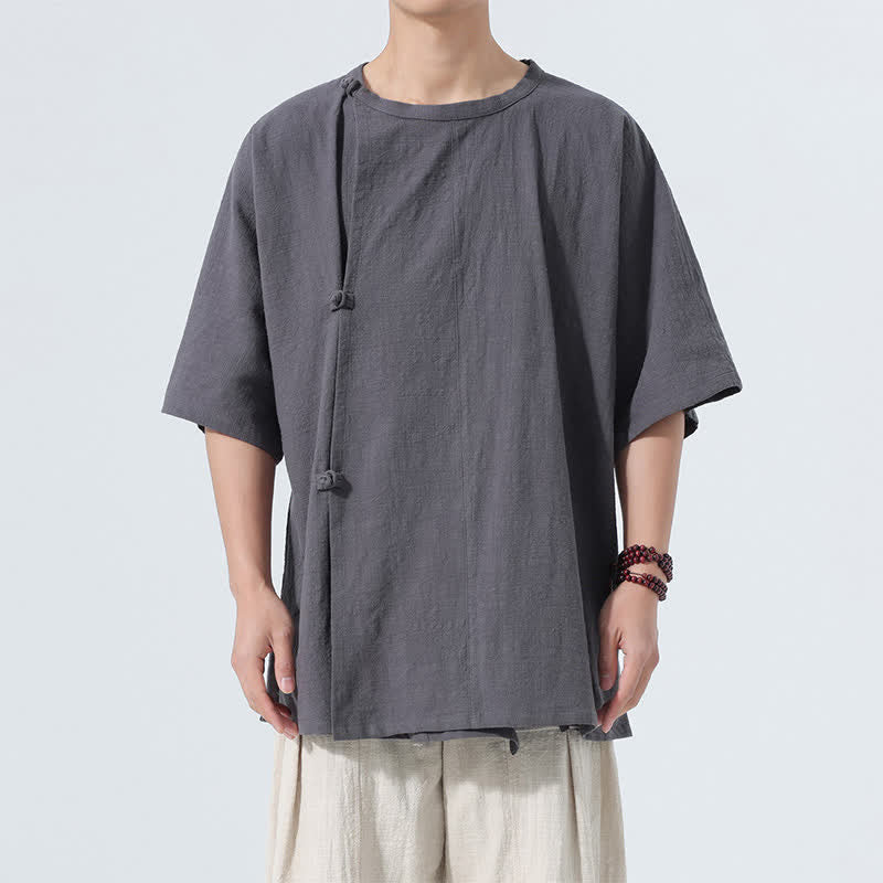 Buddha Stones Camicia da uomo a maniche corte in cotone tinta unita, stile Summer Tang, minimalista, con bottoni a rana, ideale per l'estate. - image 1
