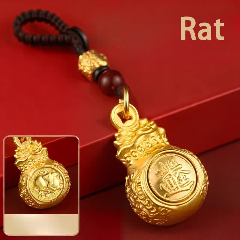 Buddha Stones Portachiavi con monete portafortuna dello zodiaco cinese in rame color oro "Fai fortuna ogni giorno". - Ratto - image 0