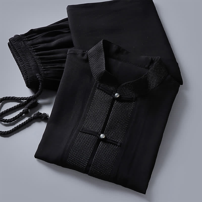 Buddha Stones Completo da uomo composto da 2 pezzi: camicia a maniche lunghe, pantaloni, colletto alla coreana, bottoni a rana, stile Spring Tang, tinta unita, ideale per la meditazione, con tasche. - image 13