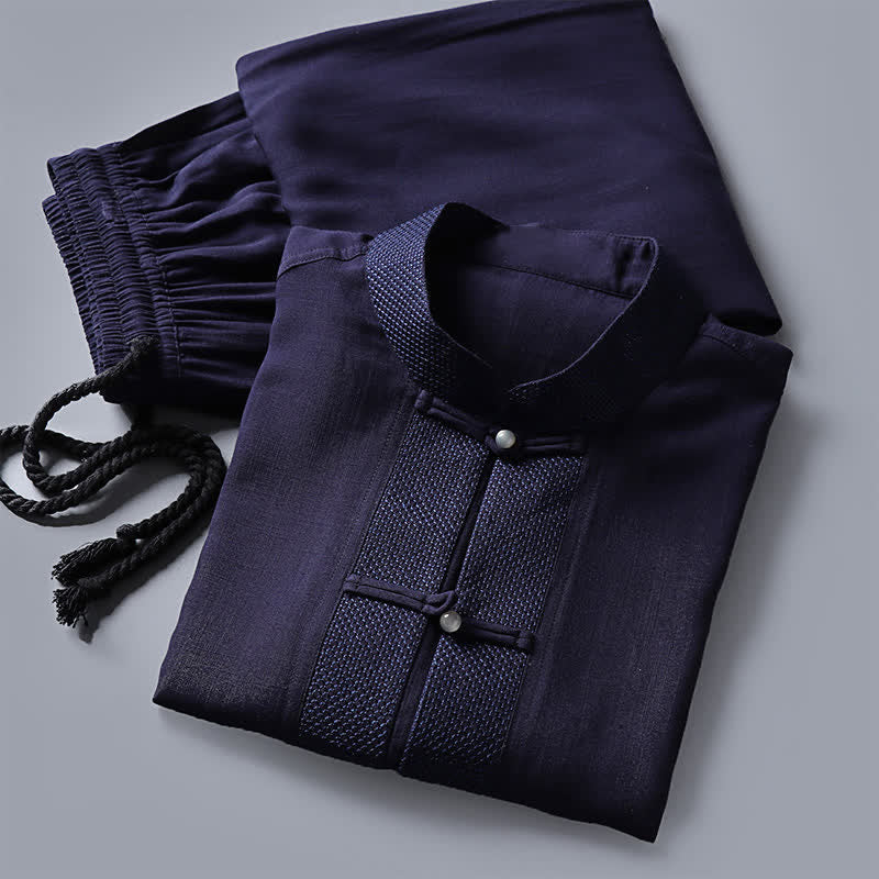 Buddha Stones Completo da uomo composto da 2 pezzi: camicia a maniche lunghe, pantaloni, colletto alla coreana, bottoni a rana, stile Spring Tang, tinta unita, ideale per la meditazione, con tasche. - image 16