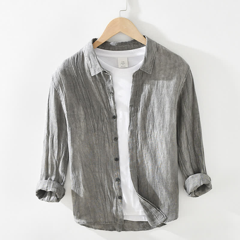 Buddha Stones Camicia da uomo a maniche lunghe in lino tinta unita, casual, primaverile, con bottoni. - Grigio - US/UK/AU42, EU52 (3XL) - image 0