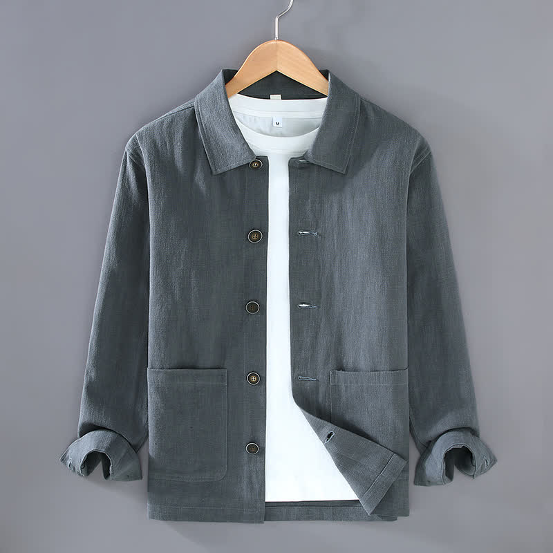 Buddha Stones Giacca da uomo autunnale casual minimalista in ramia con bottoni e tasche. - Grigio ardesia - US/UK/AU42, EU52 (3XL) - image 2