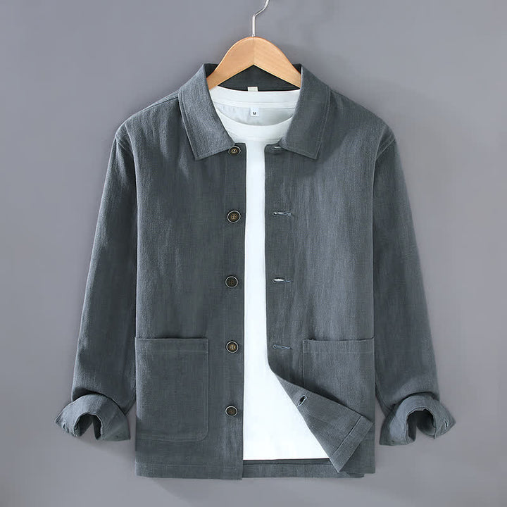 Buddha Stones Giacca da uomo autunnale casual minimalista in ramia con bottoni e tasche. - Grigio ardesia - US/UK/AU42, EU52 (3XL) - image 2
