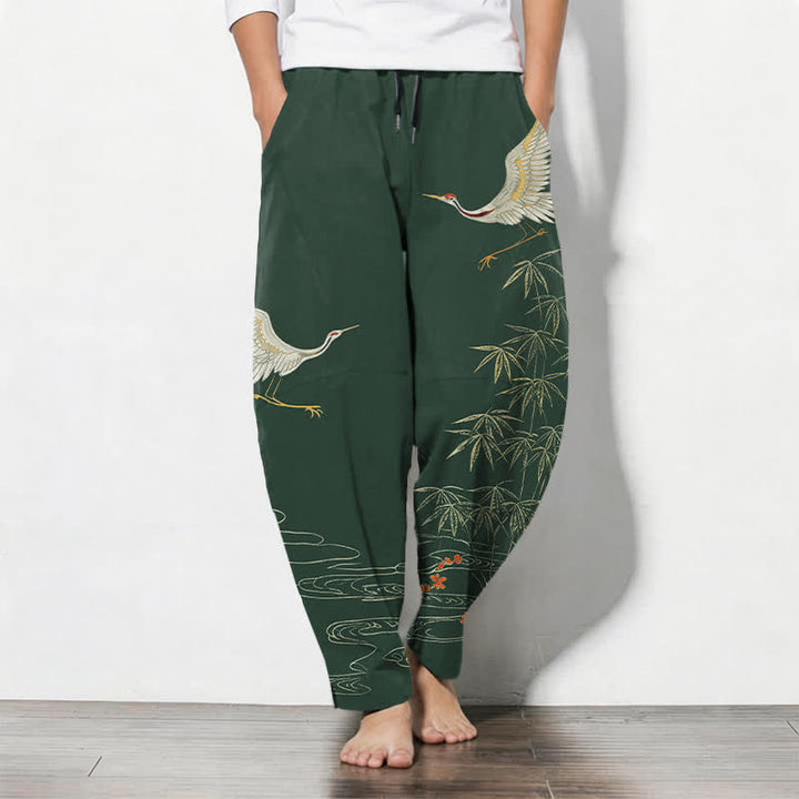Buddha Stones Pantaloni da uomo affusolati con coulisse e tasche, in puro cotone, con motivo a onde di bambù e stampa gru. - Verde scuro - US/UK/AU50, EU60 (5XL) - image 11