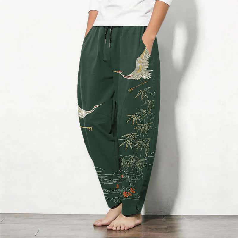 Buddha Stones Pantaloni da uomo affusolati con coulisse e tasche, in puro cotone, con motivo a onde di bambù e stampa gru. - image 12