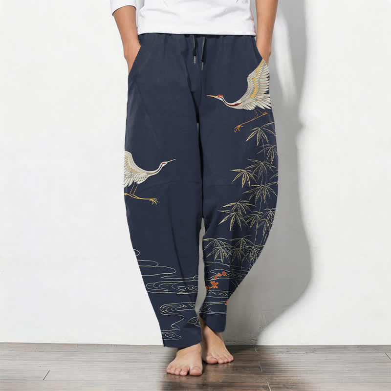 Buddha Stones Pantaloni da uomo affusolati con coulisse e tasche, in puro cotone, con motivo a onde di bambù e stampa gru. - SteelBlue - US/UK/AU50, EU60 (5XL) - image 7