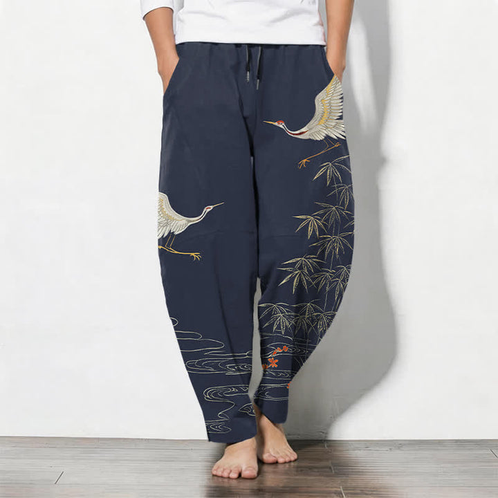 Buddha Stones Pantaloni da uomo affusolati con coulisse e tasche, in puro cotone, con motivo a onde di bambù e stampa gru. - SteelBlue - US/UK/AU50, EU60 (5XL) - image 7