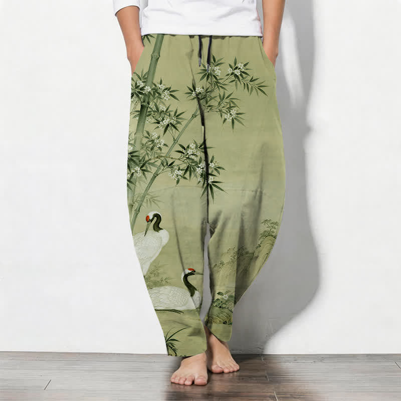 Buddha Stones Pantaloni da uomo affusolati con coulisse e tasche, in puro cotone, con motivo paesaggio di gru e bambù. - GialloVerde - US/UK/AU50, EU60 (5XL) - image 11