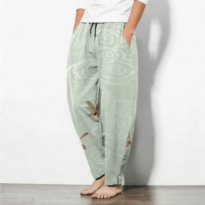 Buddha Stones Pantaloni da uomo affusolati con coulisse e tasche, in puro cotone, con motivo "Nuvola di buon auspicio e uccellino". - image 12