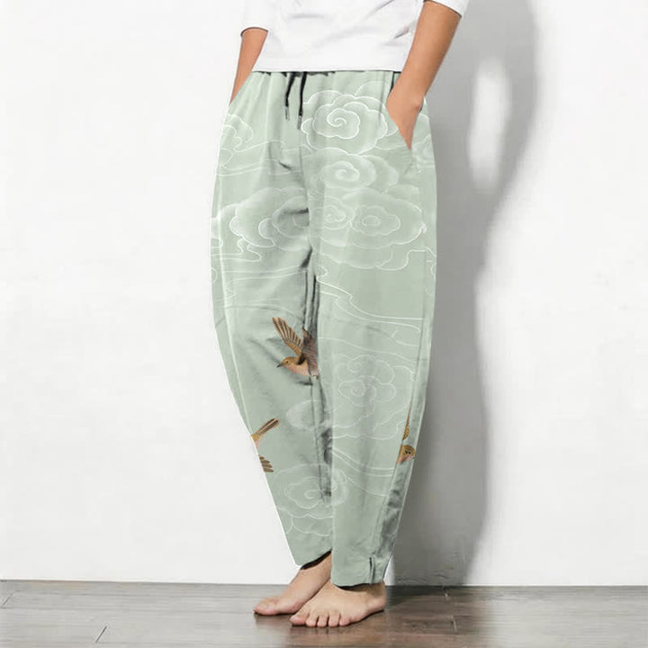 Buddha Stones Pantaloni da uomo affusolati con coulisse e tasche, in puro cotone, con motivo "Nuvola di buon auspicio e uccellino". - image 12