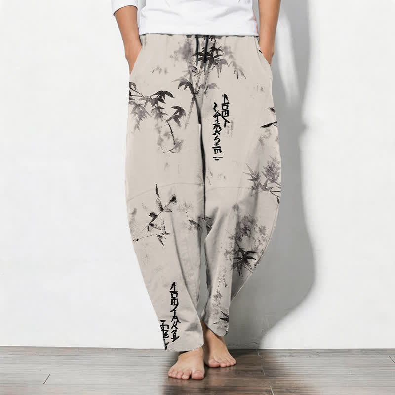 Buddha Stones Pantaloni da uomo affusolati con coulisse e tasche, in puro cotone, con motivo calligrafico Bamboo Ink e stampa a inchiostro. - Avorio - US/UK/AU50, EU60 (5XL) - image 0