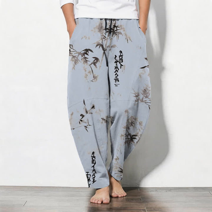 Buddha Stones Pantaloni da uomo affusolati con coulisse e tasche, in puro cotone, con motivo calligrafico Bamboo Ink e stampa a inchiostro. - Azzurro chiaro - US/UK/AU50, EU60 (5XL) - image 7