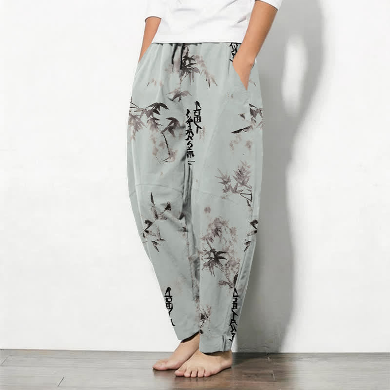 Buddha Stones Pantaloni da uomo affusolati con coulisse e tasche, in puro cotone, con motivo calligrafico Bamboo Ink e stampa a inchiostro. - image 12