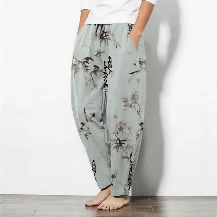 Buddha Stones Pantaloni da uomo affusolati con coulisse e tasche, in puro cotone, con motivo calligrafico Bamboo Ink e stampa a inchiostro. - image 12
