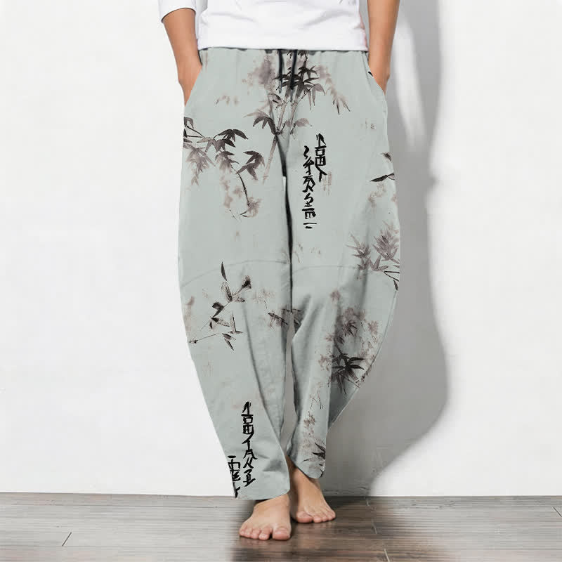 Buddha Stones Pantaloni da uomo affusolati con coulisse e tasche, in puro cotone, con motivo calligrafico Bamboo Ink e stampa a inchiostro. - Turchese pallido - US/UK/AU50, EU60 (5XL) - image 11