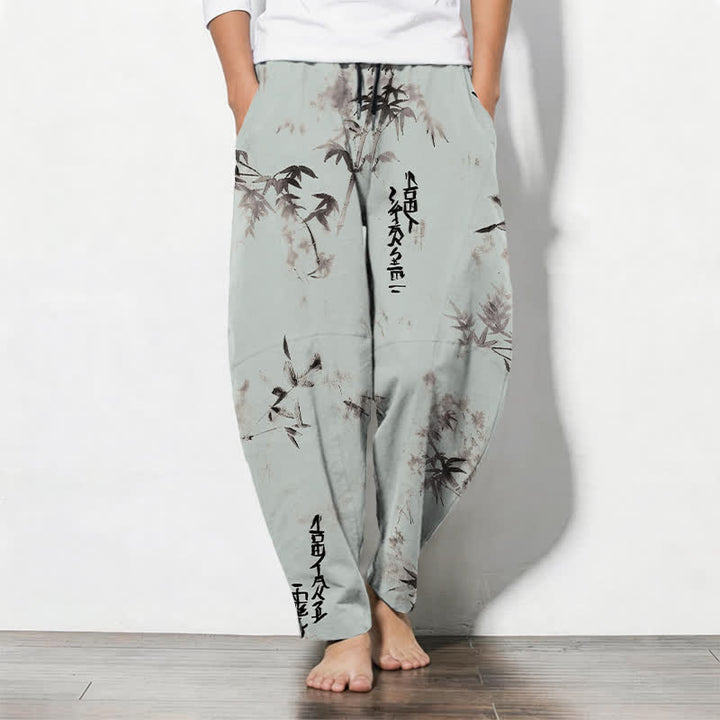 Buddha Stones Pantaloni da uomo affusolati con coulisse e tasche, in puro cotone, con motivo calligrafico Bamboo Ink e stampa a inchiostro. - Turchese pallido - US/UK/AU50, EU60 (5XL) - image 11