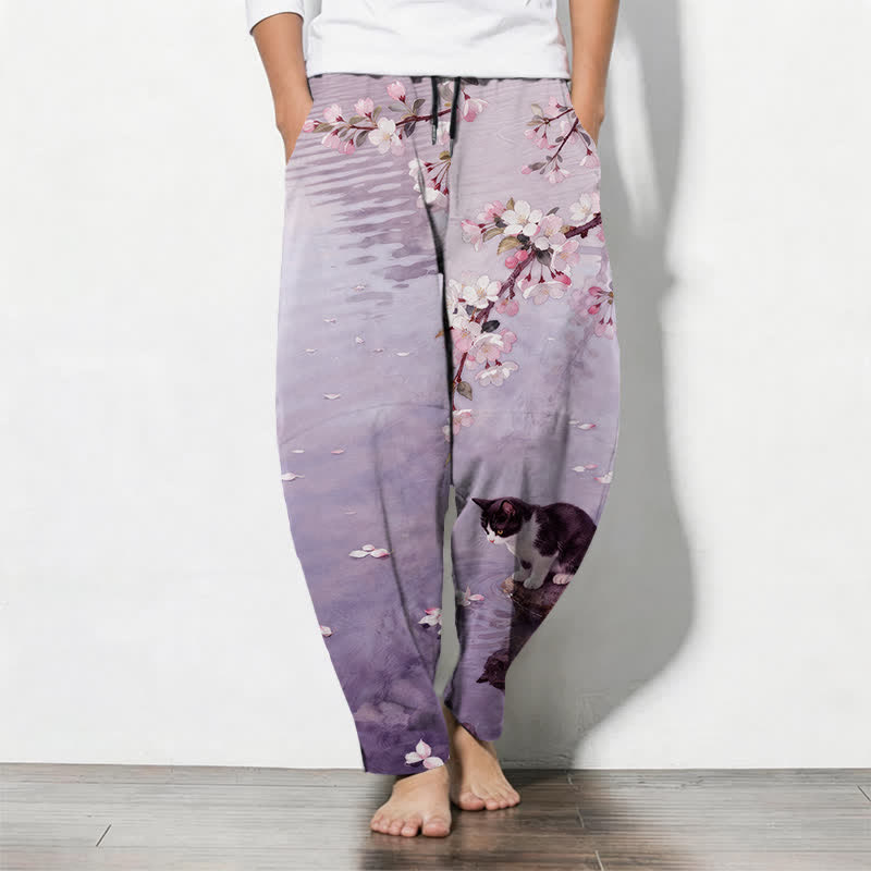 Buddha Stones Pantaloni da uomo affusolati con coulisse e tasche, in puro cotone, con motivo a gatti Sakura e riflessi sull'acqua. - Viola medio - US/UK/AU50, EU60 (5XL) - image 11