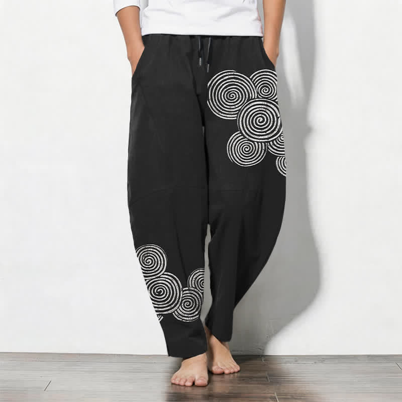 Buddha Stones Pantaloni da uomo affusolati in puro cotone con coulisse e motivo a spirale concentrica, dotati di tasche. - Nero - US/UK/AU50, EU60 (5XL) - image 0
