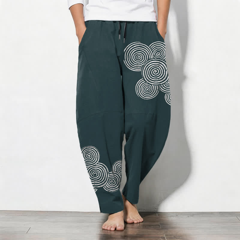 Buddha Stones Pantaloni da uomo affusolati in puro cotone con coulisse e motivo a spirale concentrica, dotati di tasche. - Ciano scuro - US/UK/AU50, EU60 (5XL) - image 11