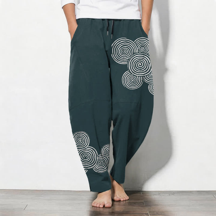 Buddha Stones Pantaloni da uomo affusolati in puro cotone con coulisse e motivo a spirale concentrica, dotati di tasche. - Ciano scuro - US/UK/AU50, EU60 (5XL) - image 11