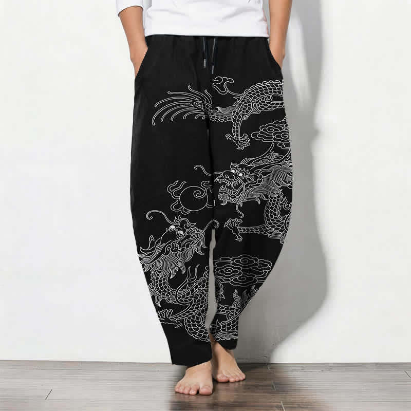 Buddha Stones Pantaloni da uomo affusolati in puro cotone con motivo drago imperiale e coulisse, con tasche. - Nero - US/UK/AU50, EU60 (5XL) - image 0
