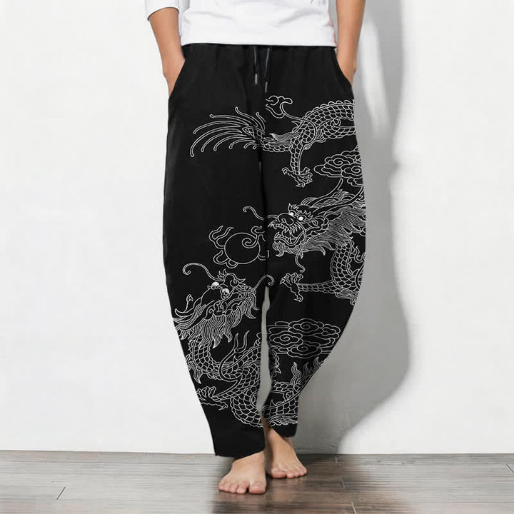 Buddha Stones Pantaloni da uomo affusolati in puro cotone con motivo drago imperiale e coulisse, con tasche. - Nero - US/UK/AU50, EU60 (5XL) - image 0