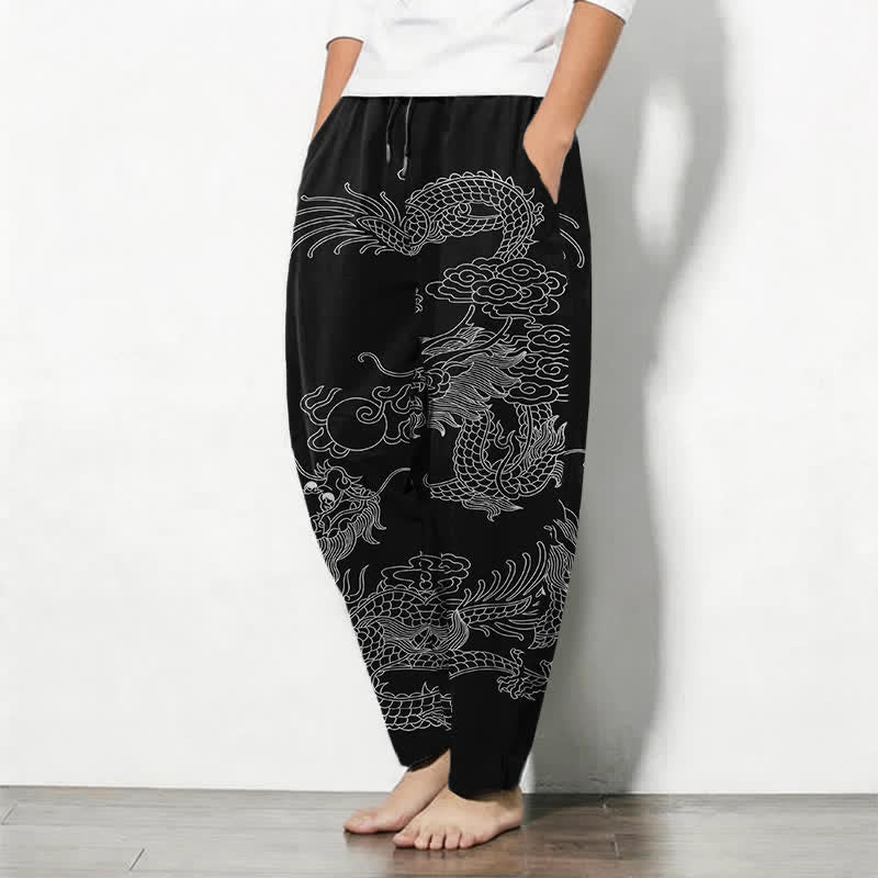 Buddha Stones Pantaloni da uomo affusolati in puro cotone con motivo drago imperiale e coulisse, con tasche. - image 1