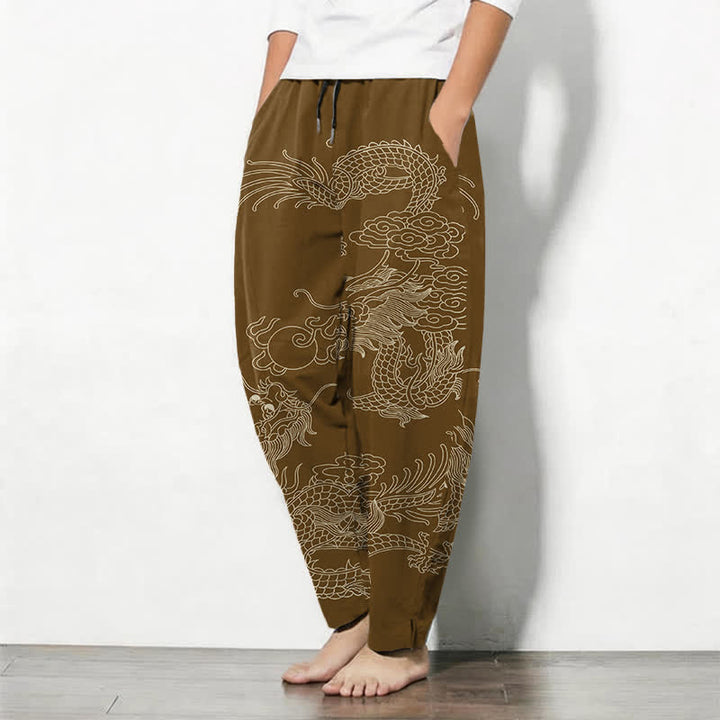 Buddha Stones Pantaloni da uomo affusolati in puro cotone con motivo drago imperiale e coulisse, con tasche. - image 12