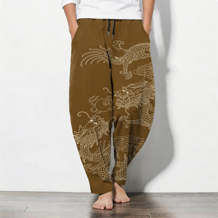 Buddha Stones Pantaloni da uomo affusolati in puro cotone con motivo drago imperiale e coulisse, con tasche. - Perù - US/UK/AU50, EU60 (5XL) - image 11